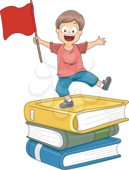 Illustration of a Little Kid Boy Standing on Top of Pile of Big Books waving a Red Flag