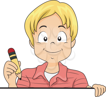 Illustration of a Little Kid Boy holding a Pencil Standing behind a Blank Board