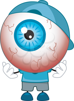 Illustration of Red-Eyed Eyeball Mascot wearing Blue Shirt, Cap, and Shoes