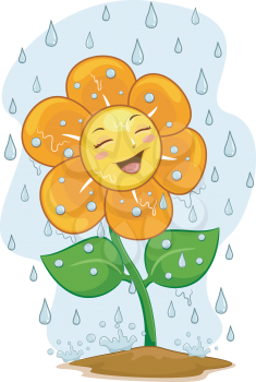 Illustration of a Happy Flower Mascot Under the Rain 