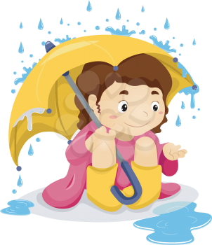 Illustration of Little Kid Girl Sitting Under the Rain with Umbrella playing with Raindrops