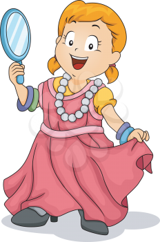 Illustration of a Little Kid Girl Wearing Adult Clothes holding a Handheld Mirror