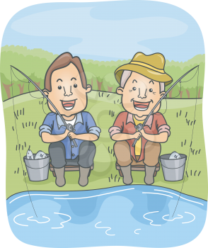 Illustration of a Father and Son Holding Fishing Rods While Waiting for More Catch