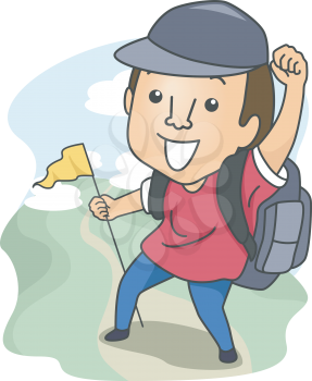 Illustration of a Man Dressed in Camping Gear and Holding a Flag While Out Hiking