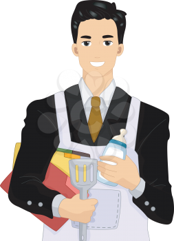Illustration of a Man Dressed in a Suit Wearing an Apron and Preparing to Do Some Housework