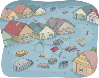 Illustration of a Flooded City with Partially Submerged Houses and Vehicles