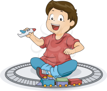 Illustration of a Kid Boy Playng with His Toys