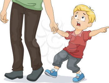 Illustration of a Frightened Boy Pulling His Father's Hand While Pointing at Something