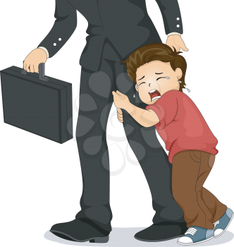 Illustration of a Crying Boy Cllnging on to His Father's Leg