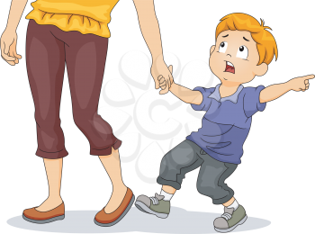 Illustration of a Frightened Boy Pulling His Mother's Hand While Pointing at Something