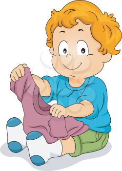 Illustration of a Male Toddler Holding a T-shirt While Trying to Dress Himself Up