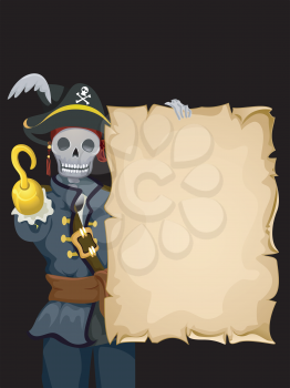 Background Illustration of a Skeleton Wearing a Pirate Costume and Holding a Blank Scroll