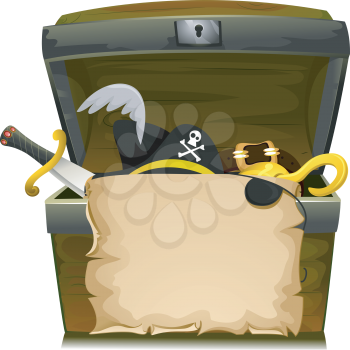 Illustration of Treasure Chest with an Empty Scroll, a Scimitar, a Pirate Hat, a Buckle, and a Hook Inside