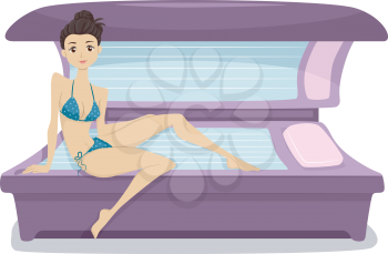 Illustration of a Woman Wearing String Bikini Sitting on a Tanning Bed