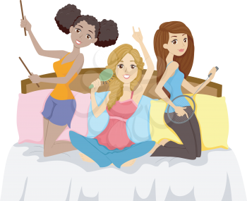 Illustration of Teenage Girl in a Slumber Party Pretending to be Musicians