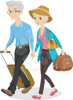 Illustration of an Elderly Couple Traveling Together with Luggage in Tow