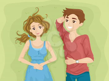 Illustration of a Teenage Couple Lying Side by Side on a Stretch of Grass