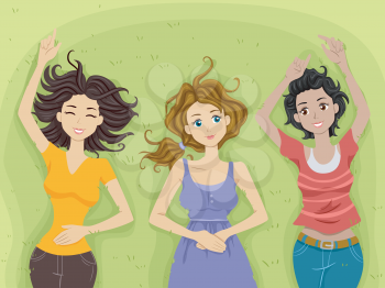 Illustration of Teenage Girls Contentedly Lying on a Stretch of Grass