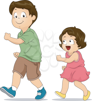 Illustration of a Little Girl Copying the Way Her Elder Brother Walks