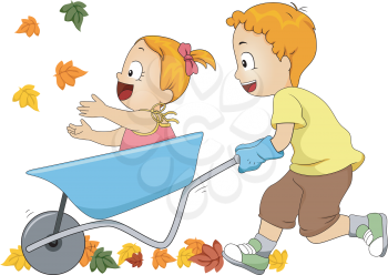 Illustration of a Pair of Siblings Running Leaves Over with a Wheelbarrow