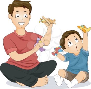 Illustration of a Father and His Young Son Playing with Toy Airplanes