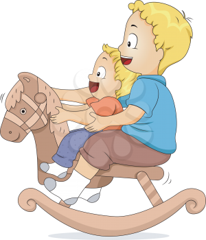 Illustration of Male Siblings Sitting on a Rocking Horse