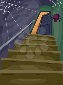Halloween Illustration of a Flight of Stairs Filled with Cobwebs Leading to a Spooky Attic 