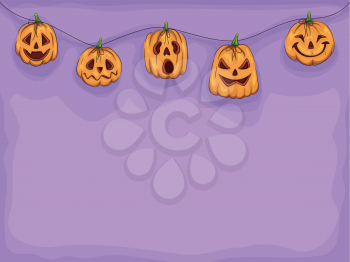 Halloween Illustration of Pumpkin Heads Wearing Different Expressions Connected by a String