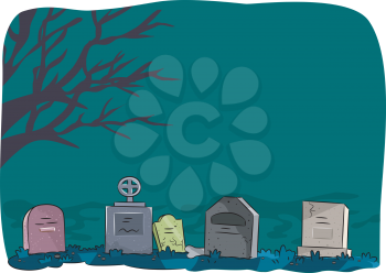 Halloween Illustration Featuring Tombstones Lined Up in a Cemetery