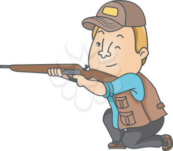 Illustration of a Man Dressed in Hunting Gear Taking Aim with His Rifle