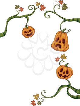 Halloween Illustration of Jack-o'-Lanterns Hanging from Vines