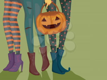 Halloween Illustration of Girls Wearing Halloween Costumes and Carrying a Trick or Treat Bag