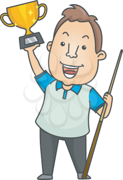 Illustration of a Man Holding a Cue Stick in One Hand and a Trophy in the Other