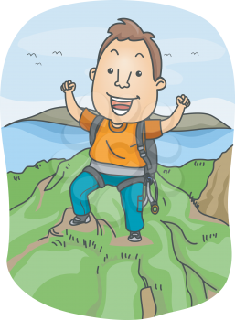 Illustration of a Man Dressed in Climbing Gear Standing Triumphantly on the Top of a Mountain