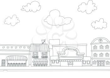 Black and White Illustration of Buildings for Coloring Books