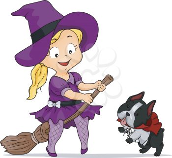 Halloween Illustration of a Little Girl Dressed as a Witch