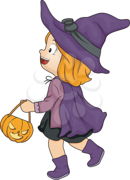 Halloween Illustration of a Little Girl Dressed as a Witch Carrying a Trick or Treat Bag