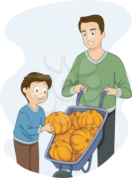 Illustration of a Father and Son Checking a Wheelbarrow Full of Pumpkins