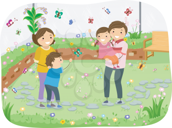 Illustration of a Family Having Some Quality Time in a Butterfly Garden