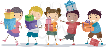 Illustration of a Group of Kids Carrying Nicely Wrapped Gift Boxes