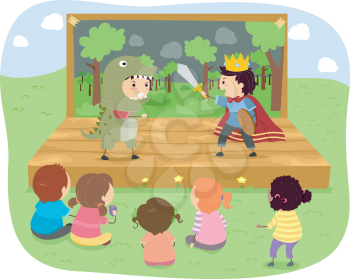 Illustration of Kids Wearing a Prince and a Dinosaur Costume Performing Onstage