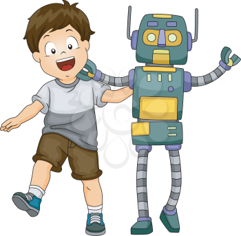 Illustration of a Little Kid Hanging Around with a Lifesize Robot