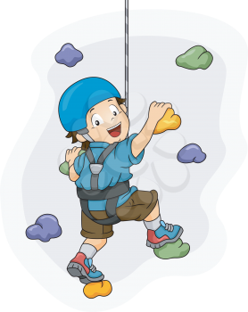 Illustration of a Little Boy Dressed in Wall Climbing Gear Scaling a Wall