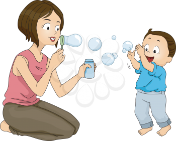 Illustration of a Mother Blowing Bubbles with Her Son