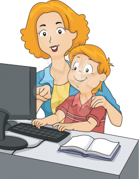 Illustration of a Mother Teaching Her Son on the Computer