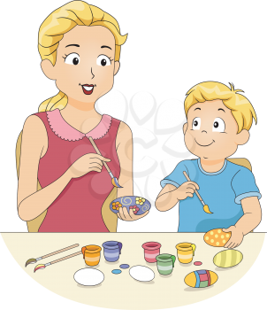 Illustration of a Mother Painting Easter Eggs with Her Son