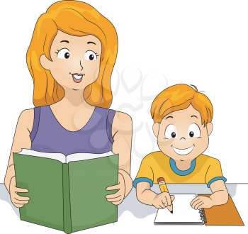 Illustration of a Mother Helping Her Son with His Homework
