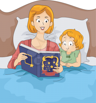 Illustration of a Mother Reading a Bedtime Story to Her Daughter 