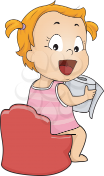 Illustration of a Young Girl sitting on potty holding a tissue
