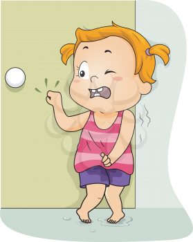 Illustration of a Little Girl Frantically Knocking on the Restroom Door to Pee